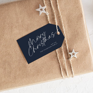 Blue Minimalist Modern Script Merry Christmas Gift Tags