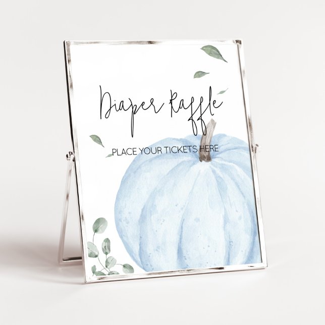 Blue Minimalist Pumpkin Baby Shower Diaper Raffle Poster (Watercolor Pumpkin Baby Shower Diaper Raffle Sign)