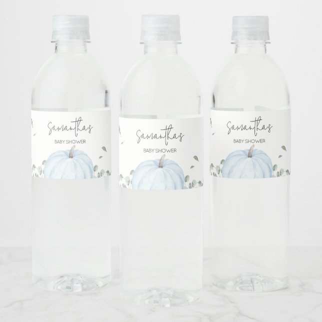 Blue Minimalist Pumpkin Baby Shower Water Bottle Label (Bottles)