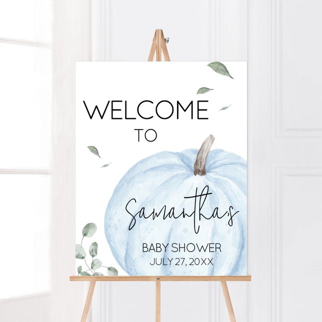 Blue Minimalist Pumpkin Baby Shower Welcome Poster (Watercolor Pumpkin Baby Shower Welcome Sign)