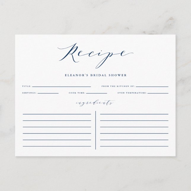 Blue Minimalist Script Bridal Shower Recipe Card (Front)