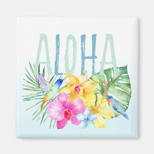 Blue Mint Aloha Floral Tropical Watercolor Magnet