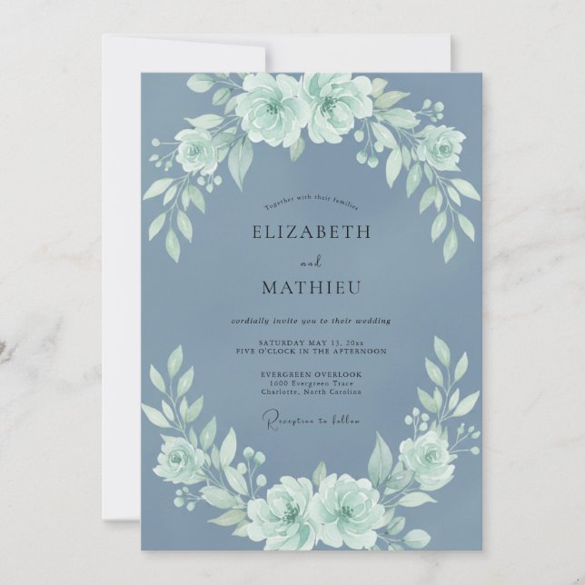 Blue Mint Bloom Wedding Invitation (Front)