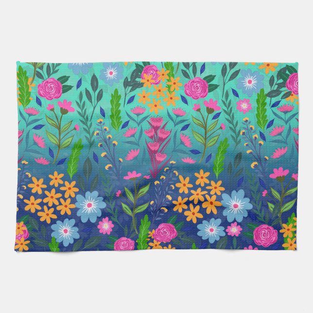 Blue Mint Gradient Garden Flowers Pretty Design Tea Towel (Horizontal)