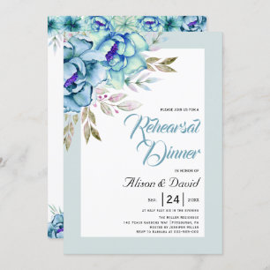 Blue, mint green flowers wedding rehearsal dinner invitation