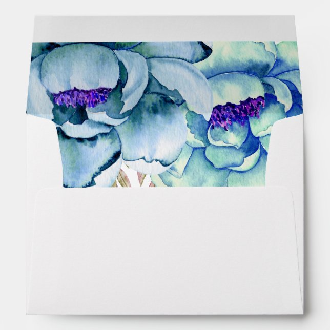 Blue, mint green watercolor flowers floral wedding envelope (Back (Bottom))