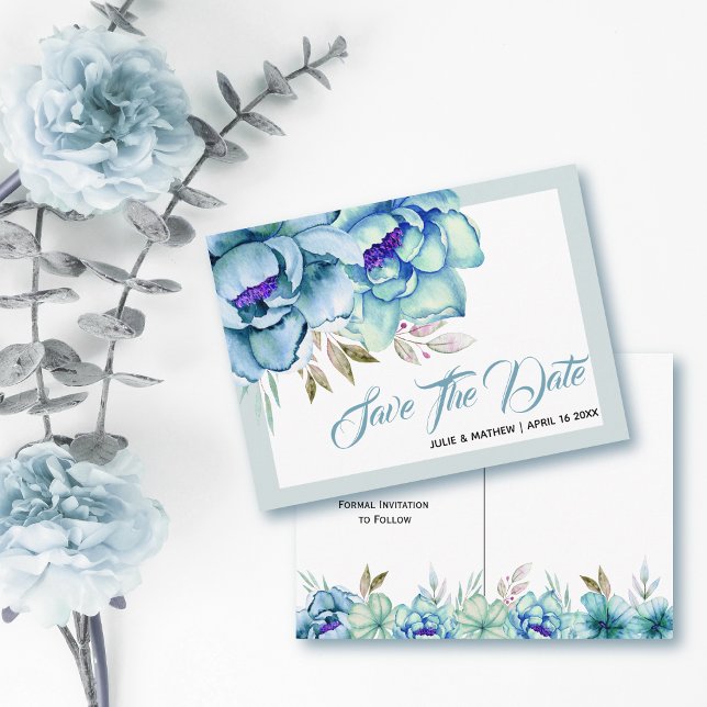 Blue, mint green watercolor flowers Save the Date Postcard (Creator Uploaded)