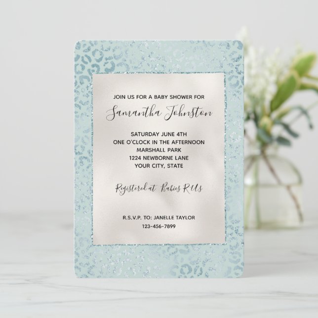Blue Mint Leopard Print Glitter Invitation (Standing Front)