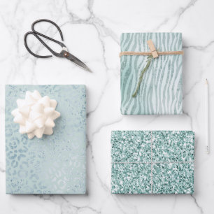 Blue Mint Leopard Print Glitter Wrapping Paper Sheet