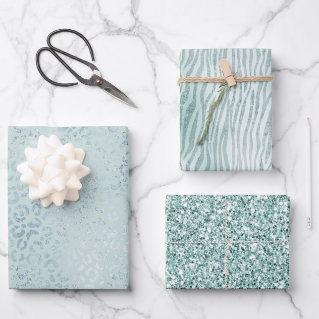 Blue Mint Leopard Print Glitter Wrapping Paper Sheet (Front)