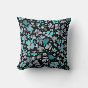 Blue Mint Magic Watercolor Boho Floral on Black Cushion