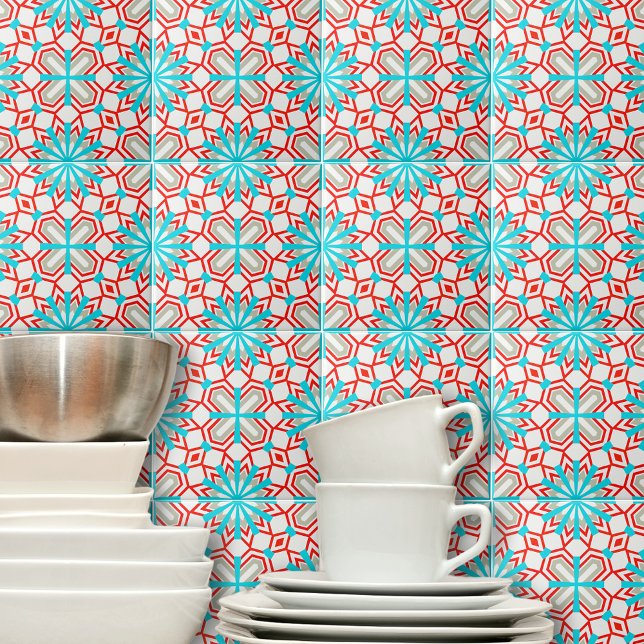 Blue Mint Red White Grey Mosaic Geometric Pattern Ceramic Tile (Creator Uploaded)