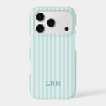 Blue Mint  Stripe Vintage Tiny Initials Monogram<br><div class="desc">Fresh, airy, and effortlessly cool. This aqua blue and mint phone case brings a crisp pop of color without going loud. The soft aqua base paired with mint accents feels clean, coastal, and quietly elevated—like vintage resort wear meets modern minimalism. It’s playful but refined. Colorful but still grown. The kind...</div>