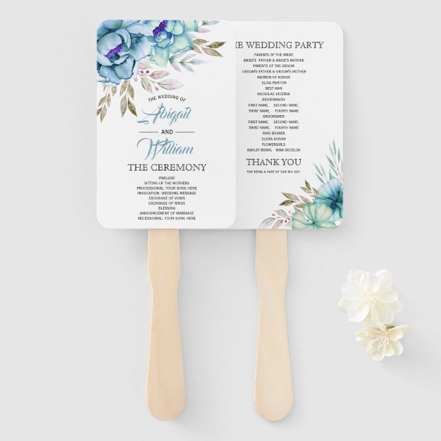 Blue, mint watercolor flowers wedding program hand fan (Front and Back)