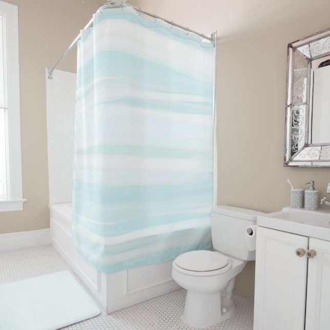 Blue Mint White Beachy Watercolor        Shower Curtain (In Situ)