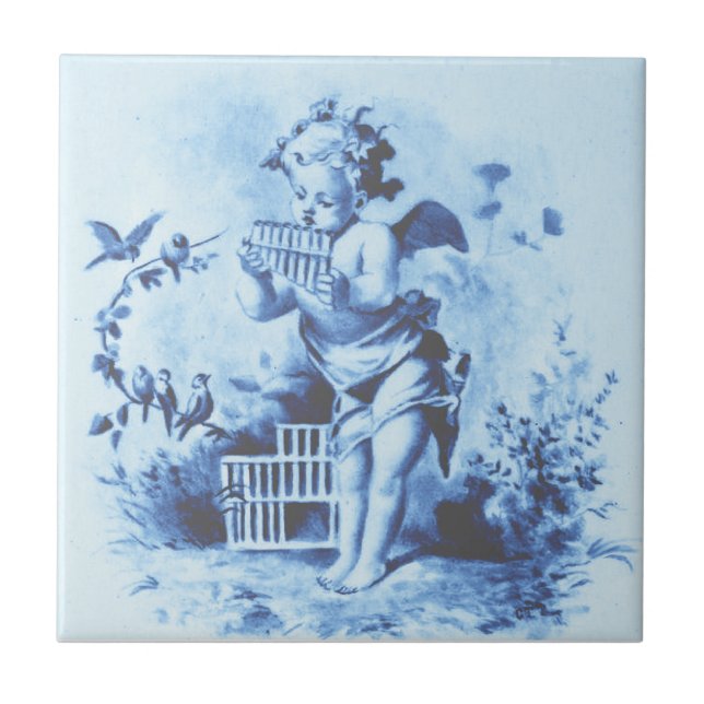 Blue Minton Cherub with Pan Pipes & Birds Repro Ceramic Tile (Front)