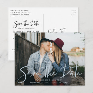 Blue Mist Hand-Lettered Script Photo Save the Date Announcement Postcard