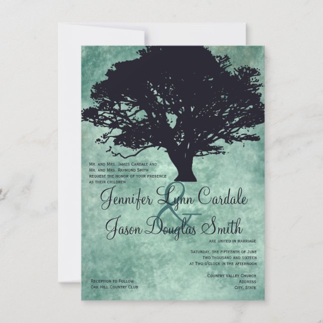 Blue Mist Oak Tree Silhouette Wedding Invitations (Front)