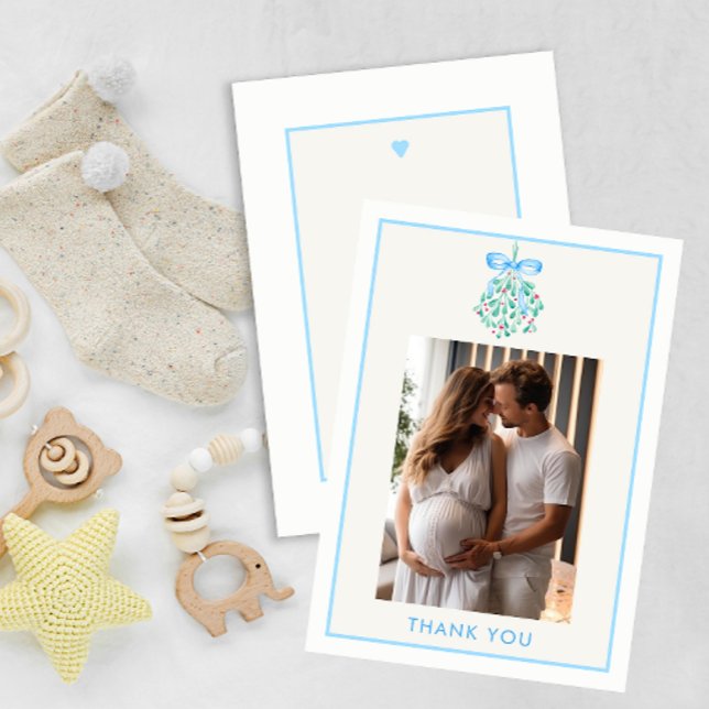 Blue Mistletoe Baby Shower Thank You Card (Baby Boy Under The Mistletoe Baby Shower Thank you Card)
