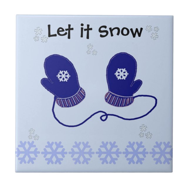 Blue Mittens and Snowflakes Ceramic Tile (Front)