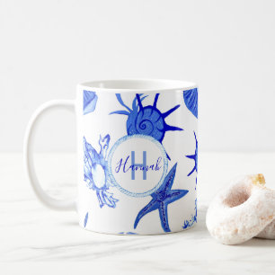 Blue mixed seashell pattern-custom monogram-name   coffee mug