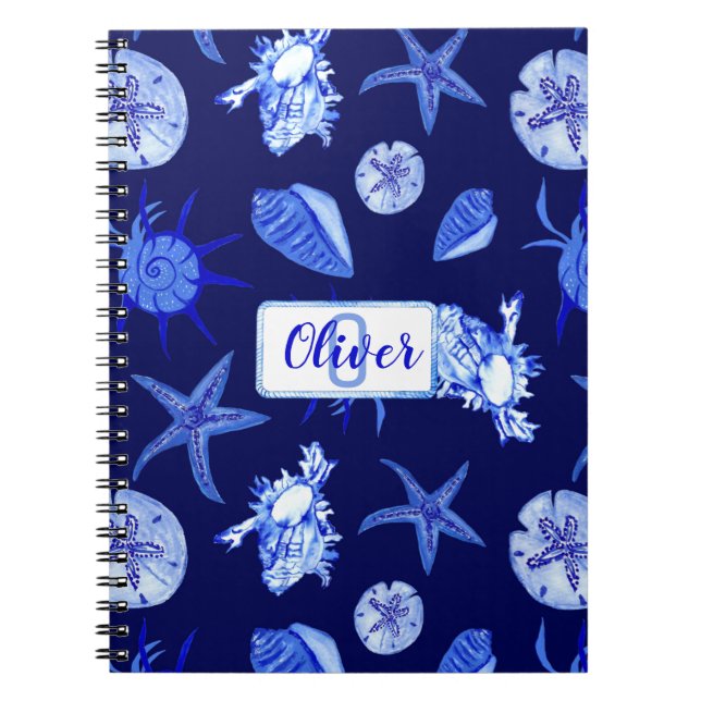 Blue mixed seashell pattern-custom monogram-name  notebook (Front)