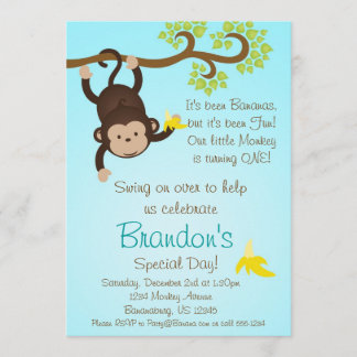 Blue Mod Monkey Boys Birthday Party Invite