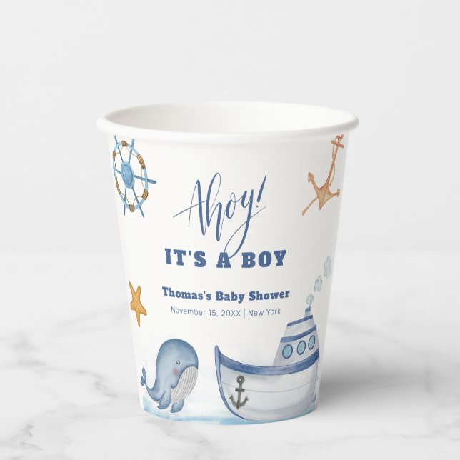 Blue Modern Ahoy Boy Whale Sailboat Baby Shower  Paper Cups (Front)