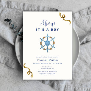 Blue Modern Ahoy It's A Boy Nautical Baby Shower Invitation