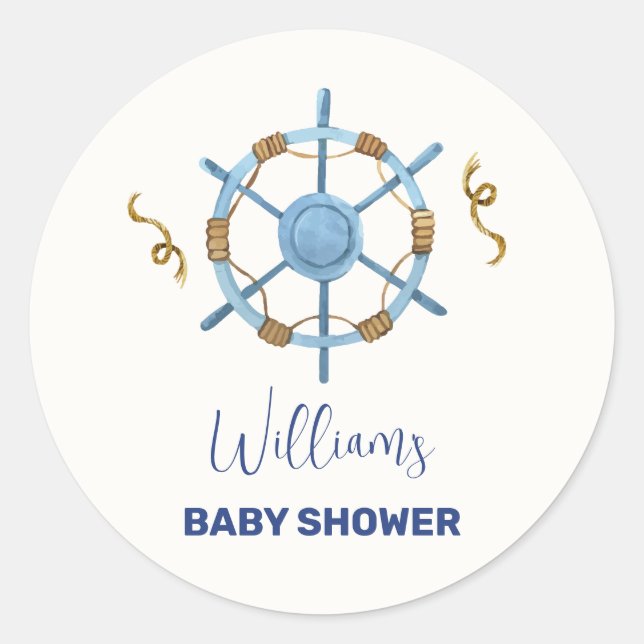 Blue Modern Ahoy Nautical Boy Baby Shower Classic Round Sticker (Front)