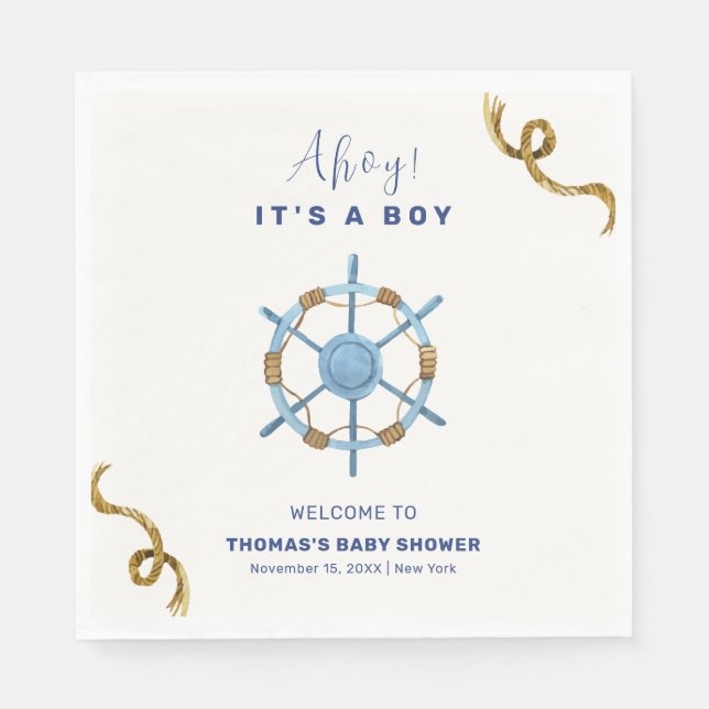 Blue Modern Ahoy Nautical Boy Baby Shower Napkin (Front)