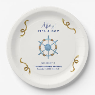 Blue Modern Ahoy Nautical Boy Baby Shower Paper Plate