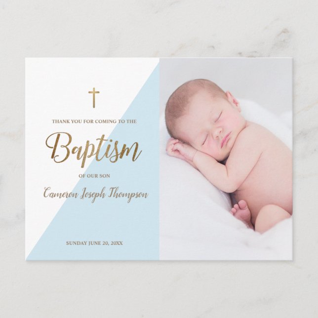 Blue Modern Baby Boy Photo Baptism Thank You Postcard (Front)
