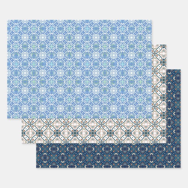 Blue Modern Batik Pattern Wrapping Paper Sheet (Set)