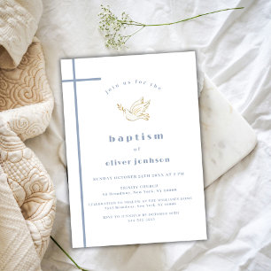 Blue Modern Bird Cross Christening Boy Baptism  Invitation