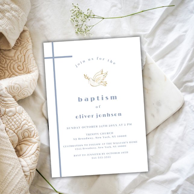 Blue Modern Bird Cross Christening Boy Baptism  Invitation (Blue Modern Bird Cross Christening Boy Baptism Invitation)