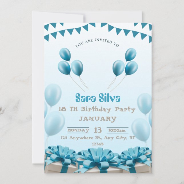 Blue Modern Birthday Invitation Card (Front)