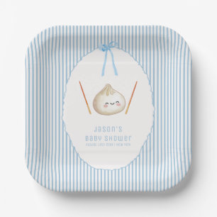 Blue Modern Boy Bow Asian Dumpling Baby Shower Paper Plate