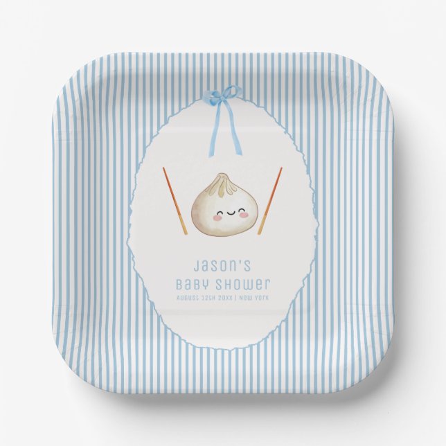 Blue Modern Boy Bow Asian Dumpling Baby Shower  Paper Plate (Front)