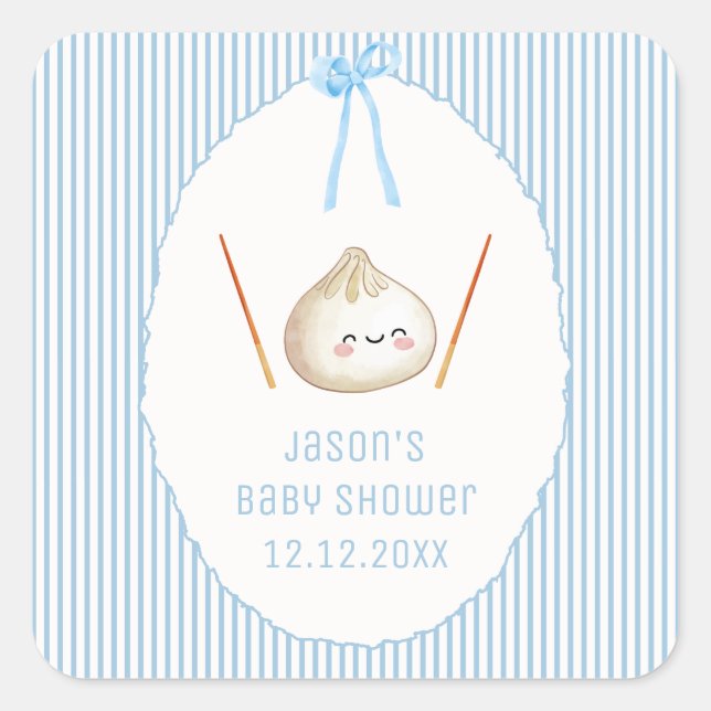 Blue Modern Boy Bow Asian Dumpling Baby Shower  Square Sticker (Front)