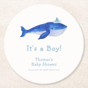 Blue Modern Boy Under The Sea Whale Baby Shower Round Paper Coaster