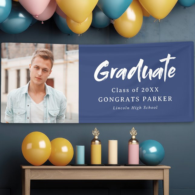 Blue Modern Brush Script Photo Graduation Party Banner (Blue Modern Brush Script Photo Graduation Party Banner)