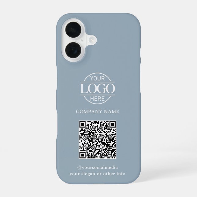 Blue Modern Business Logo & QR Code Promotional iPhone 16 Case (Back)