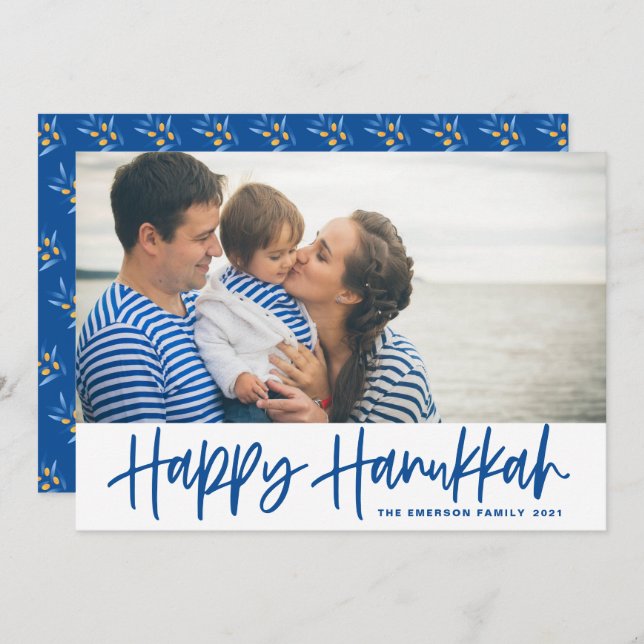 Blue Modern Calligraphy Happy Hanukkah Photo Holiday Card (Front/Back)