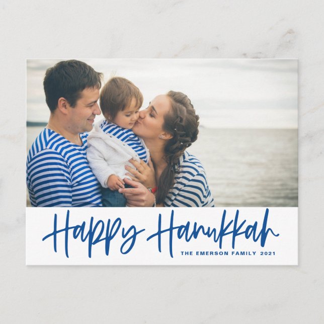 Blue Modern Calligraphy Happy Hanukkah Photo Holiday Postcard (Front)