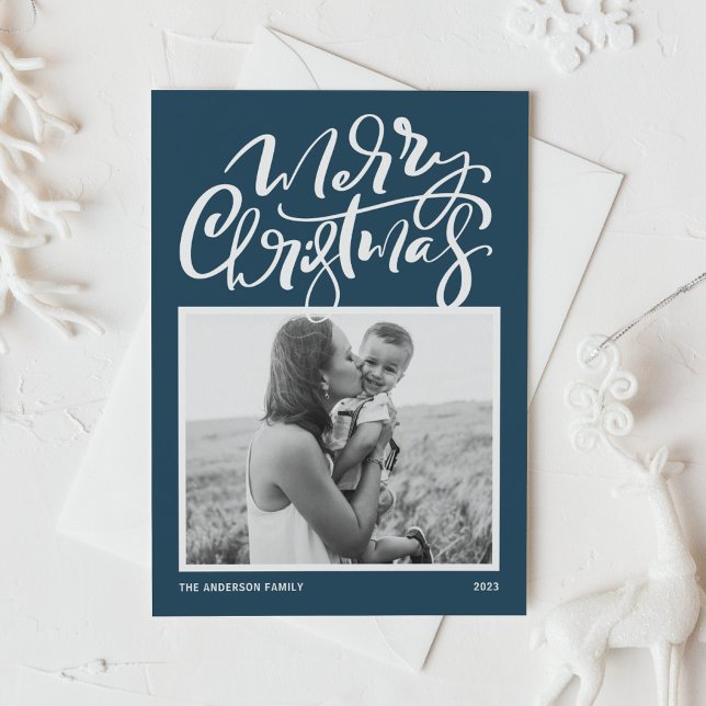 Blue Modern Calligraphy Photo Merry Christmas Holiday Card (Creator Uploaded)