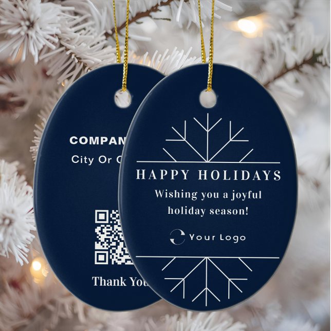 Blue Modern Christmas Business Logo QR code Chic Ceramic Ornament (Creator Uploaded)