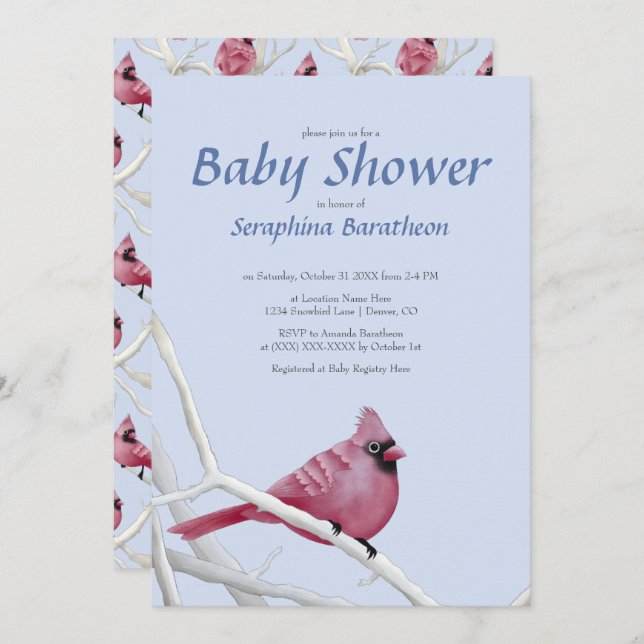 Blue Modern Christmas Cardinal Bird Baby Shower Invitation (Front/Back)