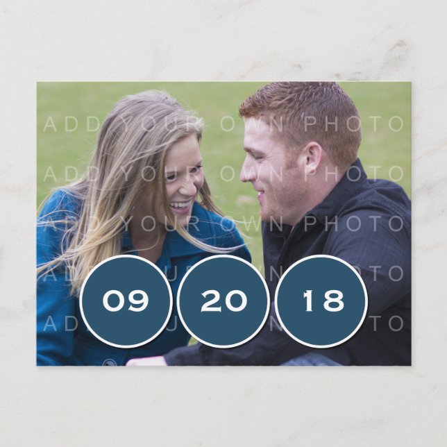 Blue Modern Circles Photo Save the Date Postcard (Front)