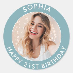 Blue Modern Colorful Happy 21st Birthday Photo Classic Round Sticker